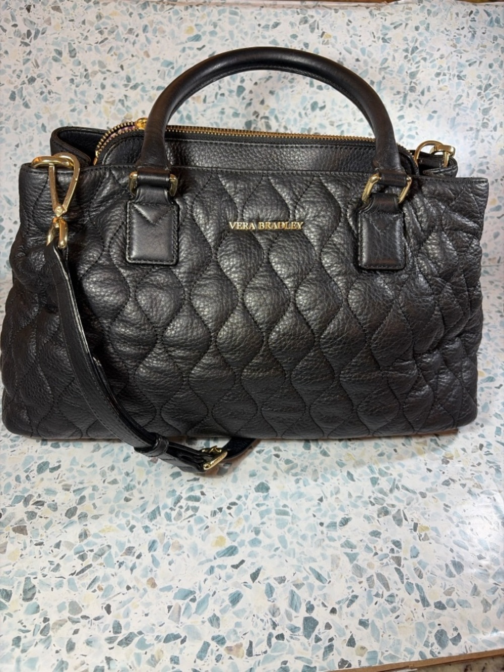 Vera Bradley Black Quilted Satchel with Floral Lining - Picture 2 of 11